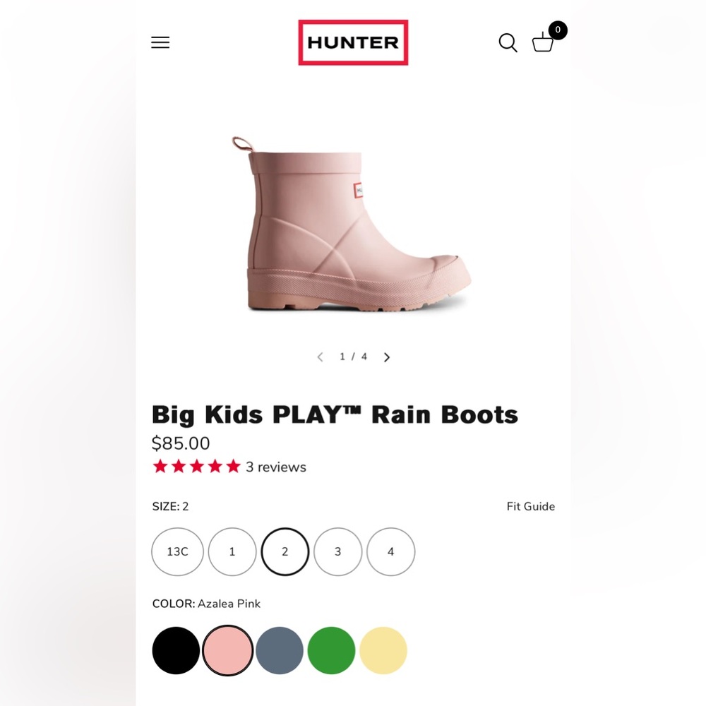 HUNTER Big Kids PLAY Rain Boots COLOR:
Azalea Pink US Size 2 Lightly Worn